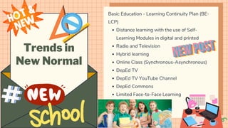 Trends in
New Normal
Distance learning with the use of Self-
Learning Modules in digital and printed
Radio and Television
Hybrid learning
Online Class (Synchronous-Asynchronous)
DepEd TV
DepEd TV YouTube Channel
DepEd Commons
Limited Face-to-Face Learning
Basic Education - Learning Continuity Plan (BE-
LCP)
 