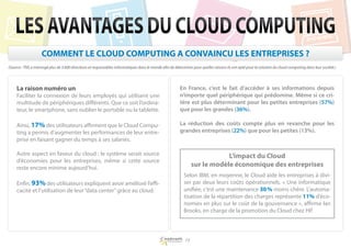 LES AVANTAGES DU CLOUD COMPUTING
                    COMMENT LE CLOUD COMPUTING A CONVAINCU LES ENTREPRISES ?
(Source : TNS a interrogé plus de 3 600 directeurs et responsables informatiques dans le monde afin de déterminer pour quelles raisons ils ont opté pour la solution du cloud computing dans leur société.)




     La raison numéro un                                                                                  En France, c’est le fait d’accéder à ses informations depuis
     Faciliter la connexion de leurs employés qui utilisent une                                           n’importe quel périphérique qui prédomine. Même si ce cri-
     multitude de périphériques différents. Que ce soit l’ordina-                                         tère est plus déterminant pour les petites entreprises (57%)
     teur, le smartphone, sans oublier le portable ou la tablette.                                        que pour les grandes (36%). 

     Ainsi, 17% des utilisateurs affirment que le Cloud Compu-                                            La réduction des coûts compte plus en revanche pour les
     ting a permis d’augmenter les performances de leur entre-                                            grandes entreprises (22%) que pour les petites (13%). 
     prise en faisant gagner du temps à ses salariés.

     Autre aspect en faveur du cloud : le système serait source                                                               L’impact du Cloud
     d’économies pour les entreprises, même si cette source
     reste encore minime aujourd’hui.
                                                                                                                  sur le modèle économique des entreprises
                                                                                                            Selon IBM, en moyenne, le Cloud aide les entreprises à divi-
     Enfin, 93% des utilisateurs expliquent avoir amélioré l’effi-                                          ser par deux leurs coûts opérationnels. « Une informatique
     cacité et l’utilisation de leur “data center” grâce au cloud.                                          unifiée, c’est une maintenance 30 % moins chère. L’automa-
                                                                                                            tisation de la répartition des charges représente 11% d’éco-
                                                                                                            nomies en plus sur le coût de la gouvernance », affirme Ian
                                                                                                            Brooks, en charge de la promotion du Cloud chez HP.



                                                                                                             14
 