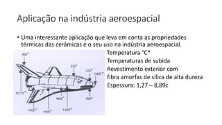 Aplicação na indústria aeroespacial
• Uma interessante aplicação que leva em conta as propriedades
térmicas das cerâmicas é o seu uso na indústria aeroespacial.
•
Temperatura °C*
Temperaturas de subida
Revestimento exterior com
fibra amorfas de sílica de alta dureza
Espessura: 1,27 – 8,89c

 