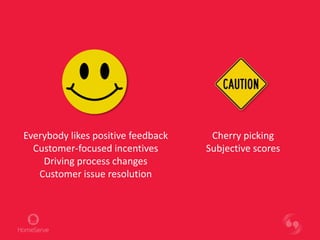 Everybody likes positive feedback
Customer-focused incentives
Driving process changes
Customer issue resolution
Cherry picking
Subjective scores