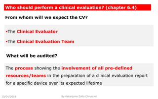 10/04/2018
Who should perform a clinical evaluation? (chapter 6.4)
By Katarzyna Zofia Chrusciel
From whom will we expect the CV?
The Clinical Evaluator
The Clinical Evaluation Team
The process showing the involvement of all pre-defined
resources/teams in the preparation of a clinical evaluation report
for a specific device over its expected lifetime
What will be audited?
 