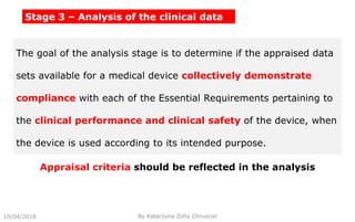 Stage 3 – Analysis of the clinical data
10/04/2018 By Katarzyna Zofia Chrusciel
The goal of the analysis stage is to determine if the appraised data
sets available for a medical device collectively demonstrate
compliance with each of the Essential Requirements pertaining to
the clinical performance and clinical safety of the device, when
the device is used according to its intended purpose.
Appraisal criteria should be reflected in the analysis
 