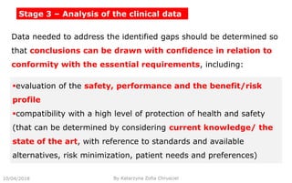 10/04/2018 By Katarzyna Zofia Chrusciel
Data needed to address the identified gaps should be determined so
that conclusions can be drawn with confidence in relation to
conformity with the essential requirements, including:
evaluation of the safety, performance and the benefit/risk
profile
compatibility with a high level of protection of health and safety
(that can be determined by considering current knowledge/ the
state of the art, with reference to standards and available
alternatives, risk minimization, patient needs and preferences)
Stage 3 – Analysis of the clinical data
 