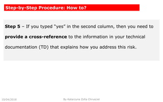 10/04/2018 By Katarzyna Zofia Chrusciel
Step-by-Step Procedure: How to?
Step 5 – If you typed “yes” in the second column, then you need to
provide a cross-reference to the information in your technical
documentation (TD) that explains how you address this risk.
 