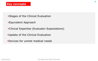 10/04/2018 By Katarzyna Zofia Chrusciel
6
Stages of the Clinical Evaluation
Equivalent Approach
Clinical Expertise (Evaluator Expectations)
Update of the Clinical Evaluation
Devices for unmet medical needs
Key concepts
 