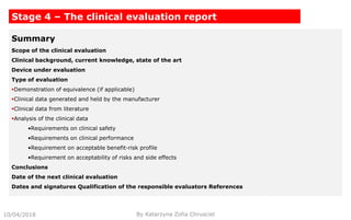10/04/2018 By Katarzyna Zofia Chrusciel
Stage 4 – The clinical evaluation report
Summary
Scope of the clinical evaluation
Clinical background, current knowledge, state of the art
Device under evaluation
Type of evaluation
Demonstration of equivalence (if applicable)
Clinical data generated and held by the manufacturer
Clinical data from literature
Analysis of the clinical data
•Requirements on clinical safety
•Requirements on clinical performance
•Requirement on acceptable benefit-risk profile
•Requirement on acceptability of risks and side effects
Conclusions
Date of the next clinical evaluation
Dates and signatures Qualification of the responsible evaluators References
 