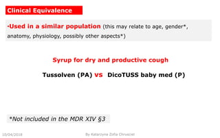 10/04/2018 By Katarzyna Zofia Chrusciel
Clinical Equivalence
•Used in a similar population (this may relate to age, gender*,
anatomy, physiology, possibly other aspects*)
*Not included in the MDR XIV §3
Syrup for dry and productive cough
Tussolven (PA) vs DicoTUSS baby med (P)
 