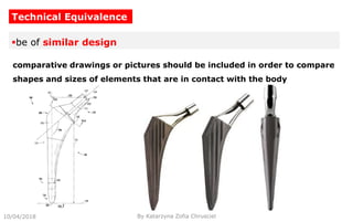 10/04/2018 By Katarzyna Zofia Chrusciel
Technical Equivalence
be of similar design
comparative drawings or pictures should be included in order to compare
shapes and sizes of elements that are in contact with the body
 
