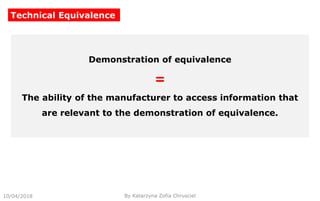 10/04/2018 By Katarzyna Zofia Chrusciel
Technical Equivalence
Demonstration of equivalence
=
The ability of the manufacturer to access information that
are relevant to the demonstration of equivalence.
 