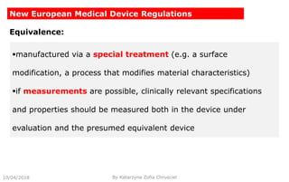 10/04/2018 By Katarzyna Zofia Chrusciel
New European Medical Device Regulations
Equivalence:
manufactured via a special treatment (e.g. a surface
modification, a process that modifies material characteristics)
if measurements are possible, clinically relevant specifications
and properties should be measured both in the device under
evaluation and the presumed equivalent device
 