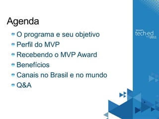 O programa e seu objetivoPerfil do MVPRecebendo o MVP AwardBenefíciosCanais no Brasil e no mundoQ&AAgenda