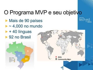 Mais de 90 países~ 4,000 no mundo+ 40 línguas92 no BrasilO Programa MVP e seu objetivo388667Total = 92July 1st 2011