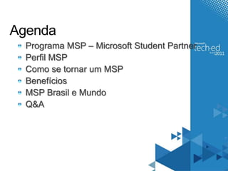 AgendaPrograma MSP – Microsoft Student PartnerPerfil MSP  Como se tornar um MSPBenefíciosMSP Brasil e MundoQ&A