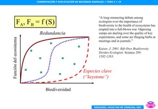 F A , F B  = f (S) “ A long-simmering debate among ecologists over the importance of biodiversity to the health of ecosystems has erupted into a full-blown war. Opposing camps are dueling over the quality of key experiments, and some are flinging barbs at meetings and in journals.” Kaiser, J. 2001. Rift Over Biodiversity Divides Ecologists.  Science  289: 1282-1283. Redundancia Biodiversidad Función del ecosistema Especies clave (“keystone”) 