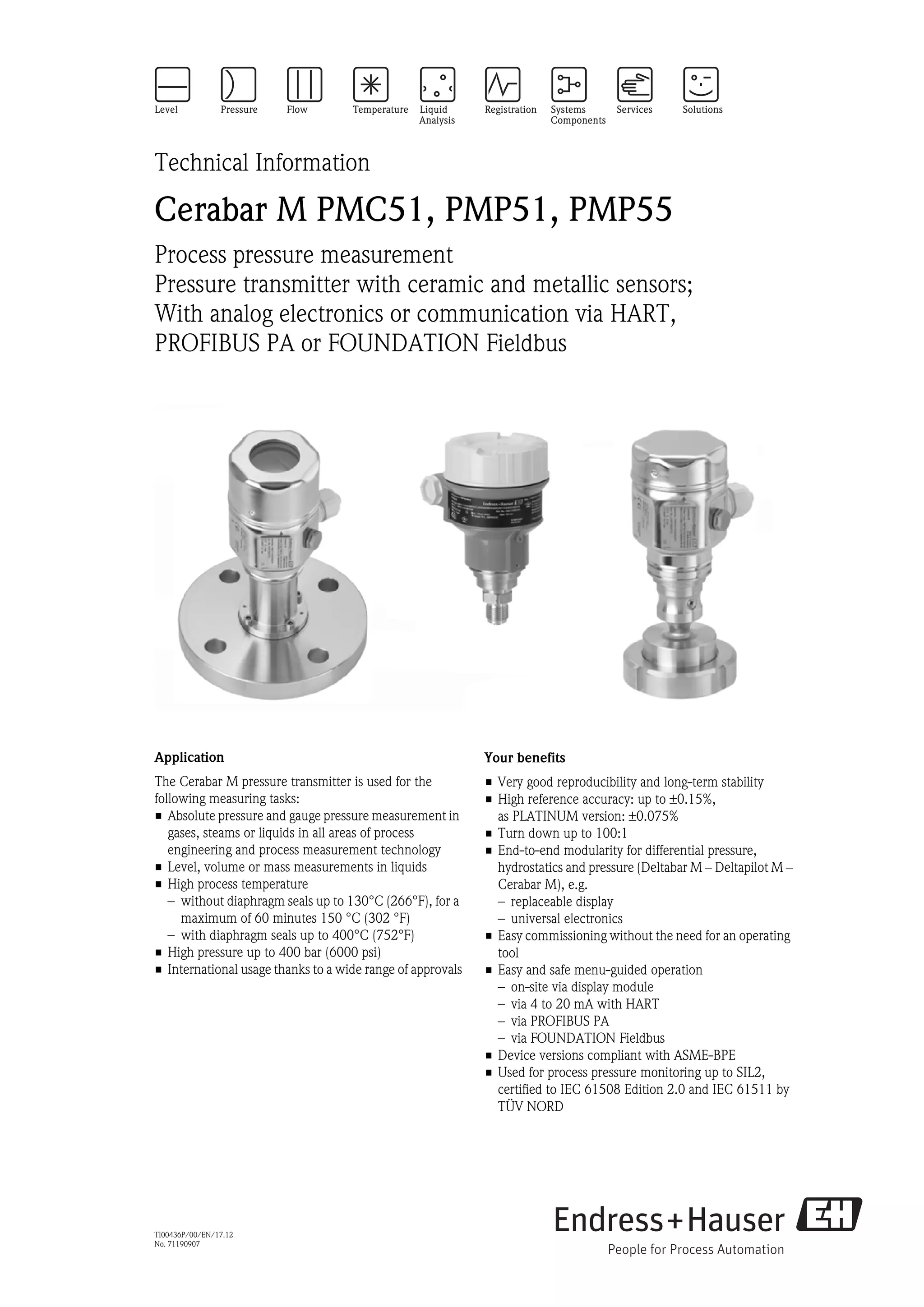 Cerabar m pmc51 pmp51 pmp55endress+hauser datasheetprocess pressure PDF