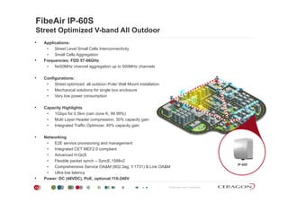 FibeAir IP-60S
Street Optimized V-band All OutdoorStreet Optimized V band All Outdoor
• Applications:
• Street Level Small Cells Interconnectivity
• Small Cells AggregationSmall Cells Aggregation
• Frequencies: FDD 57-66GHz
• Nx50MHz channel aggregation up to 500MHz channels
• Configurations:• Configurations:
• Street optimized all outdoor–Pole/ Wall Mount installation
• Mechanical solutions for single box enclosure
• Very low power consumption
• Capacity Highlights
• 1Gbps for 0.5km (rain zone K, 99.99%)
• Multi Layer Header compression, 30% capacity gain
I t t d T ffi O ti i 40% it i• Integrated Traffic Optimizer, 40% capacity gain
• Networking
• E2E service provisioning and management
I t t d CET MEF2 0 li t
IP‐60S
• Integrated CET MEF2.0 compliant
• Advanced H-QoS
• Flexible packet synch – SyncE,1588v2
• Comprehensive Service OA&M (802.3ag, Y.1731) & Link OA&M
Proprietary and Confidential13
• Ultra low latency
• Power: DC (48VDC), PoE, optional:110-240V
 