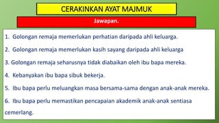 CERAKINKAN AYAT MAJMUK
Jawapan.
1. Golongan remaja memerlukan perhatian daripada ahli keluarga.
2. Golongan remaja memerlukan kasih sayang daripada ahli keluarga
3. Golongan remaja seharusnya tidak diabaikan oleh ibu bapa mereka.
4. Kebanyakan ibu bapa sibuk bekerja.
5. Ibu bapa perlu meluangkan masa bersama-sama dengan anak-anak mereka.
6. Ibu bapa perlu memastikan pencapaian akademik anak-anak sentiasa
cemerlang.
 