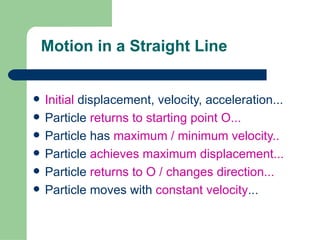 Motion in a Straight Line Initial  displacement, velocity, acceleration... Particle  returns to starting point O... Particle has  maximum / minimum velocity.. Particle  achieves maximum displacement... Particle  returns to O / changes direction... Particle moves with  constant velocity ... 