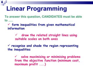 Linear Programming To answer this question, CANDIDATES must be able to ..... form inequalities from given mathematical information   draw the related straight lines using suitable scales on both axes recognise and shade the region representing the inequalities   solve maximising or minimising problems from the objective function (minimum cost, maximum profit ....)‏ 