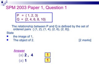 SPM 2003 Paper 1, Question 1 The relationship between P and Q is defined by the set of ordered pairs  { (1, 2), (1, 4), (2, 6), (2, 8)}. State the image of 1, The object of 2. [2  marks ] P  =  { 1, 2, 3} Q  =  {2, 4, 6, 8, 10} Answer 2 ,  4 1 1 1  