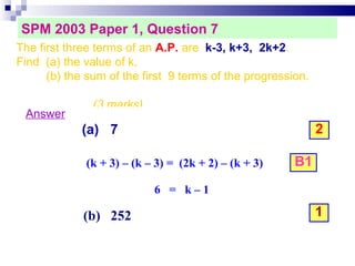 SPM 2003 Paper 1, Question 7 The first three terms of an  A.P.  are  k-3, k+3,  2k+2 .  Find  (a) the value of k, (b) the sum of the first  9 terms of the progression.    (3 marks)‏ Answer (a)  7 2 B1 1 (b)  252 (k + 3) – (k – 3) =  (2k + 2) – (k + 3)‏ 6  =  k – 1 