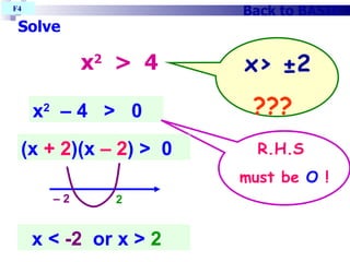 Solve x 2   >  4 Back to BASIC x 2   – 4  >  0 (x  + 2 )(x  – 2 ) >  0 x <  -2   or x >  2 F4  x> ±2 ??? R.H.S  must be  O  ! –  2   2   