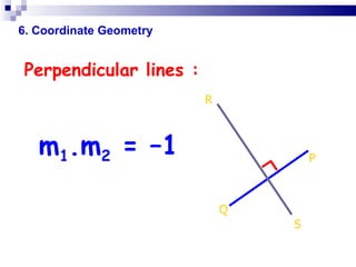 6. Coordinate Geometry m 1 .m 2  = –1   Perpendicular lines :   P Q R S 