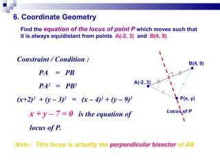 6. Coordinate Geometry Find the  equation of the locus of point P  which moves such that it is always equidistant from points  A(-2, 3)  and  B(4, 9) . Constraint / Condition : PA  =  PB PA 2   =  PB 2 (x+2) 2   + (y – 3) 2   =  (x – 4) 2  + (y – 9) 2   x + y – 7 = 0   is the equation of  locus of P. Note :  This locus is actually the  perpendicular bisector  of AB A(-2, 3)‏ ● B(4, 9)‏ ● Locus of P ●  P(x, y)‏ 