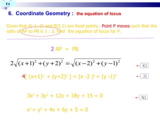 6.  Coordinate Geometry :   the equation of locus Given that A(-1,-2) and B(2,1) are fixed points .  Point P moves  such that the ratio of AP to PB is 1 : 2. Find  the equation of locus for P. 2  AP  =  PB  x 2  + y 2  + 4x + 6y + 5 = 0  4 [ (x+1) 2  + (y+2) 2  ] = (x -2 ) 2   + (y -1) 2 3x 2  + 3y 2  + 12x + 18y + 15 = 0  F4  K1 J1 N1 