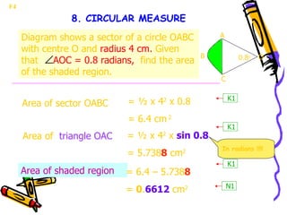 8. CIRCULAR MEASURE F4  Diagram shows a sector of a circle OABC with centre O and  radius 4 cm.  Given that  AOC = 0.8 radians,  find the area of the shaded region. C A B O 0.8 c Area of sector OABC  = ½ x 4 2  x 0.8 = 6.4 cm  2 = ½ x 4 2  x  sin 0.8 = 5.738 8  cm 2 Area of  triangle OAC  Area of shaded region  = 6.4 – 5.738 8   =  0 . 6612  cm 2   K1 N1 K1 K1 In radians !!!! 