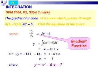 INTEGRATION SPM 2004, K2, S3(a) 3 marks The gradient function  of a curve which passes through  A(1, -12) is   3x 2  – 6  .  Find the equation of the curve. F5  Answer:   =  3x 2  – 6  y   =  =  x 3  – 6x +  c x = 1, y =  – 12 :  – 12  =  1 – 6 + c c  =  – 7  Hence  y =  x 3  – 6 x – 7  Gradient Function 