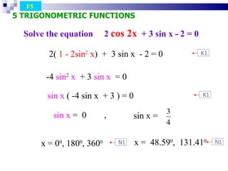 Solve the equation  2  cos 2x   + 3 sin x - 2 = 0 5 TRIGONOMETRIC FUNCTIONS F5  sin x  ( -4 sin x  + 3 ) = 0 sin x  =  0  , 2(  1 - 2sin 2  x )  +  3 sin x  - 2 = 0 -4  sin 2   x   + 3  sin x   = 0 sin x = x = 0 0 , 180 0 , 360 0 x =  48.59 0 ,  131.41 0 K1 N1 K1 N1 