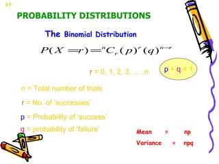 The  Binomial Distribution r   = 0, 1, 2, 3, …..n n = Total number of trials q  = probability of ‘failure’ p  = Probability of ‘success’ r  = No. of ‘successes’ F5  PROBABILITY DISTRIBUTIONS Mean  =  np Variance  =  npq  p  +  q  = 1 