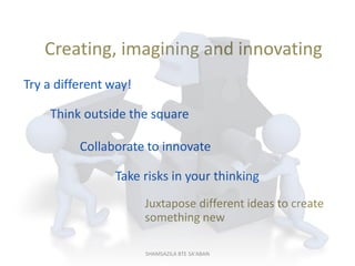 Collaborate to innovate
Creating, imagining and innovating
Try a different way!
Think outside the square
Take risks in you...