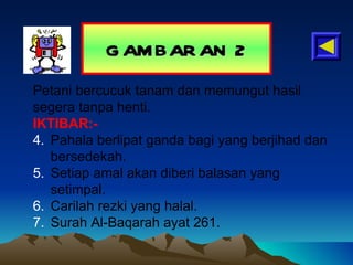 GAMBARAN 2 Petani bercucuk tanam dan memungut hasil segera tanpa henti. IKTIBAR:- Pahala berlipat ganda bagi yang berjihad dan bersedekah. Setiap amal akan diberi balasan yang setimpal. Carilah rezki yang halal. Surah Al-Baqarah ayat 261. 