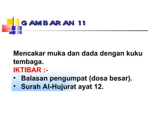 GAMBARAN 11 Mencakar muka dan dada dengan kuku tembaga. IKTIBAR :- Balasan pengumpat (dosa besar). Surah Al-Hujurat ayat 12. 