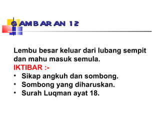 GAMBARAN 12 Lembu besar keluar dari lubang sempit dan mahu masuk semula. IKTIBAR :- Sikap angkuh dan sombong. Sombong yang diharuskan. Surah Luqman ayat 18. 
