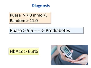 Puasa > 7.0 mmol/L
Random > 11.0
Puasa > 5.5 -----> Prediabetes
HbA1c > 6.3%
 