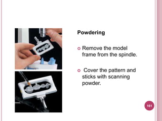 Powdering

   Remove the model
    frame from the spindle.

    Cover the pattern and
    sticks with scanning
    powder.



                              161
 