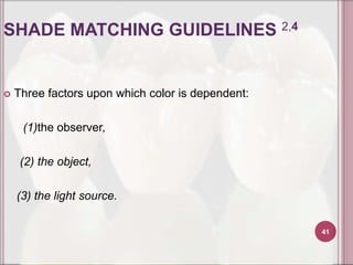 SHADE MATCHING GUIDELINES 2,4


   Three factors upon which color is dependent:

     (1)the observer,

     (2) the object,

    (3) the light source.

                                                   41
 
