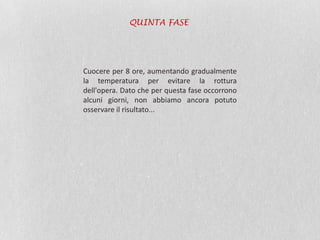 Cuocere per 8 ore, aumentando gradualmente
la temperatura per evitare la rottura
dell'opera. Dato che per questa fase occorrono
alcuni giorni, non abbiamo ancora potuto
osservare il risultato...
QUINTA FASE
 
