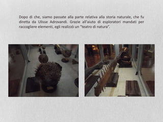 Dopo di che, siamo passate alla parte relativa alla storia naturale, che fu
diretta da Ulisse Adrovandi. Grazie all'aiuto di esploratori mandati per
raccogliere elementi, egli realizzò un “teatro di natura”.
 