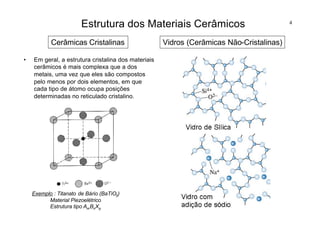 4
Estrutura dos Materiais Cerâmicos
• Em geral, a estrutura cristalina dos materiais
cerâmicos é mais complexa que a dos
metais, uma vez que eles são compostos
pelo menos por dois elementos, em que
cada tipo de átomo ocupa posições
determinadas no reticulado cristalino.
Cerâmicas Cristalinas Vidros (Cerâmicas Não-Cristalinas)
Exemplo : Titanato de Bário (BaTiO3)
Material Piezoelétrico
Estrutura tipo AmBnXp
 