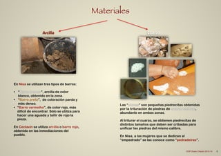 Materiales
4CEIP Dulce Chacón 2013-14
Arcilla Cuarzo
!
En Nisa se utilizan tres tipos de barros:
!
• “Barro branco”, arcilla de color
blanco, obtenido en la zona.
• “Barro preto”, de coloración parda y
más denso.
• “Barro vermelho”, de color rojo, más
difícil de encontrar. Sólo se utiliza para
hacer una aguada y teñir de rojo la
pieza.
!
En Ceclavín se utiliza arcilla o barro rojo,
obtenido en las inmediaciones del
pueblo.
Las “chinas” son pequeñas piedrecitas obtenidas
por la trituración de piedras de cuarzo lechoso,
abundante en ambas zonas.
!
Al triturar el cuarzo, se obtienen piedrecitas de
distintos tamaños que deben ser cribadas para
unificar las piedras del mismo calibre.
!
En Nisa, a las mujeres que se dedican al
“empedrado” se las conoce como “pedradeiras”.
 