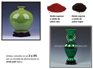 Ambos, incluidos en un 2 a 3%
con un esmalte de plomo darán un
verde jade típico.
Oxido cuproso
u oxido de
cobre rojo
Oxido cúprico
u oxido de
cobre negro
 