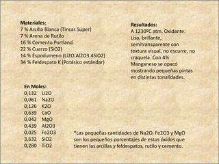 Materiales:
7 % Arcilla Blanca (Tincar Súper)
7 % Arena de Rutilo
16 % Cemento Portland
22 % Cuarzo (SiO2)
14 % Espodumeno (Li2O.Al2O3.4SiO2)
34 % Feldespato K (Potásico estándar)
Resultados:
A 1230ºC atm. Oxidante:
Liso, brillante,
semitransparente con
textura visual, no escurre, no
craquela. Con 4%
Manganeso se opacó
mostrando pequeñas pintas
en distintas tonalidades.
*Las pequeñas cantidades de Na2O, Fe2O3 y MgO
son los pequeños porcentajes de estos óxidos que
tienen las arcillas y feldespatos, rutilo y cemento.
En Moles:
0,132 Li2O
0,061 Na2O
0,126 K2O
0,639 CaO
0,042 MgO
0,439 Al2O3
0,025 Fe2O3
3,632 SiO2
0,280 TiO2
 