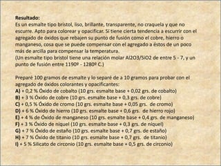 Resultado:
Es un esmalte tipo bristol, liso, brillante, transparente, no craquela y que no
escurre. Apto para colorear y opacificar. Sí tiene cierta tendencia a escurrir con el
agregado de óxidos que rebajen su punto de fusión como el cobre, hierro o
manganeso, cosa que se puede compensar con el agregado a éstos de un poco
más de arcilla para compensar la temperatura.
(Un esmalte tipo bristol tiene una relación molar Al2O3/SiO2 de entre 5 - 7, y un
punto de fusión entre 1190º - 1280º C.)
Preparé 100 gramos de esmalte y lo separé de a 10 gramos para probar con el
agregado de óxidos colorantes y opacificantes:
A) + 0,2 % Óxido de cobalto (10 grs. esmalte base + 0,02 grs. de cobalto)
B) + 3 % Óxido de cobre (10 grs. esmalte base + 0,3 grs. de cobre)
C) + 0,5 % Óxido de cromo (10 grs. esmalte base + 0,05 grs. de cromo)
D) + 6 % Óxido de hierro (10 grs. esmalte base + 0,6 grs. de hierro rojo)
E) + 4 % de Óxido de manganeso (10 grs. esmalte base + 0,4 grs. de manganeso)
F) + 3 % Óxido de níquel (10 grs. esmalte base + 0,3 grs. de níquel)
G) + 7 % Óxido de estaño (10 grs. esmalte base + 0,7 grs. de estaño)
H) + 7 % Óxido de titanio (10 grs. esmalte base + 0,7 grs. de titanio)
I) + 5 % Silicato de circonio (10 grs. esmalte base + 0,5 grs. de circonio)
 