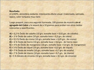 Resultado:
A 1230ºC, atmósfera oxidante: Interesante efecto visual. Craterizado, satinado,
opaco, color turquesa muy claro.
Luego preparé, para una segunda horneada, 100 gramos de muestra sin el
agregado del Cobre y lo separé de a 10 gramos para probar con otros óxidos
colorantes y opacificantes:
A) + 0,2 % Óxido de cobalto (10 grs. esmalte base + 0,02 grs. de cobalto)
B) + 3 % Óxido de cobre (10 grs. esmalte base + 0,3 grs. de cobre)
C) + 0,5 % Óxido de cromo (10 grs. esmalte base + 0,05 grs. de cromo)
D) + 6 % Óxido de hierro (10 grs. esmalte base + 0,6 grs. de hierro rojo)
E) + 4 % de Óxido de manganeso (10 grs. esmalte base + 0,4 grs. de manganeso)
F) + 3 % Óxido de níquel (10 grs. esmalte base + 0,3 grs. de níquel)
G) + 7 % Óxido de estaño (10 grs. esmalte base + 0,7 grs. de estaño)
H) + 7 % Óxido de titanio (10 grs. esmalte base + 0,7 grs. de titanio)
I) + 5 % Silicato de circonio (10 grs. esmalte base + 0,5 grs. de circonio)
 