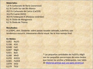 Materiales:
1,6 % Carbonato de Bario (venenoso)
8,2 % Caolín Sur del Río Blanco
20,5 % Carbonato de Calcio (CaCO3)
16,4 % Cuarzo (SiO2)
36,9 % Feldespato K (Potásico estándar)
8,2 % Óxido de Manganeso
8,2 % Óxido de Titanio
Resultados:
A 1230ºC, atm. Oxidante: sobre pastas rosadas satinado, cubritivo, con
tendencia a escurrir, interesante efecto visual. No le hice remojo final.
En Moles:
0,052 Na2O
0,106 K2O
0,548 CaO
0,007 MgO
0,021 BaO
0,266 MnO
0,233 Al2O3
0,001 Fe2O3
2,079 SiO2
0,279 TiO2
* Las pequeñas cantidades de Fe2O3 y MgO
son los pequeños porcentajes de estos óxidos
que tienen las arcillas y feldespatos. (ver tabla
de Materias primas que uso para cerámica).
 