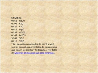 En Moles:
0,052 Na2O
0,109 K2O
0,826 CaO
0,012 MgO
0,335 Al2O3
0,143 Fe2O3
3,241 SiO2
0,215 TiO2
* Las pequeñas cantidades de Na2O y MgO
son los pequeños porcentajes de estos óxidos
que tienen las arcillas y feldespatos. (ver tabla
de Materias primas que uso para cerámica).
 